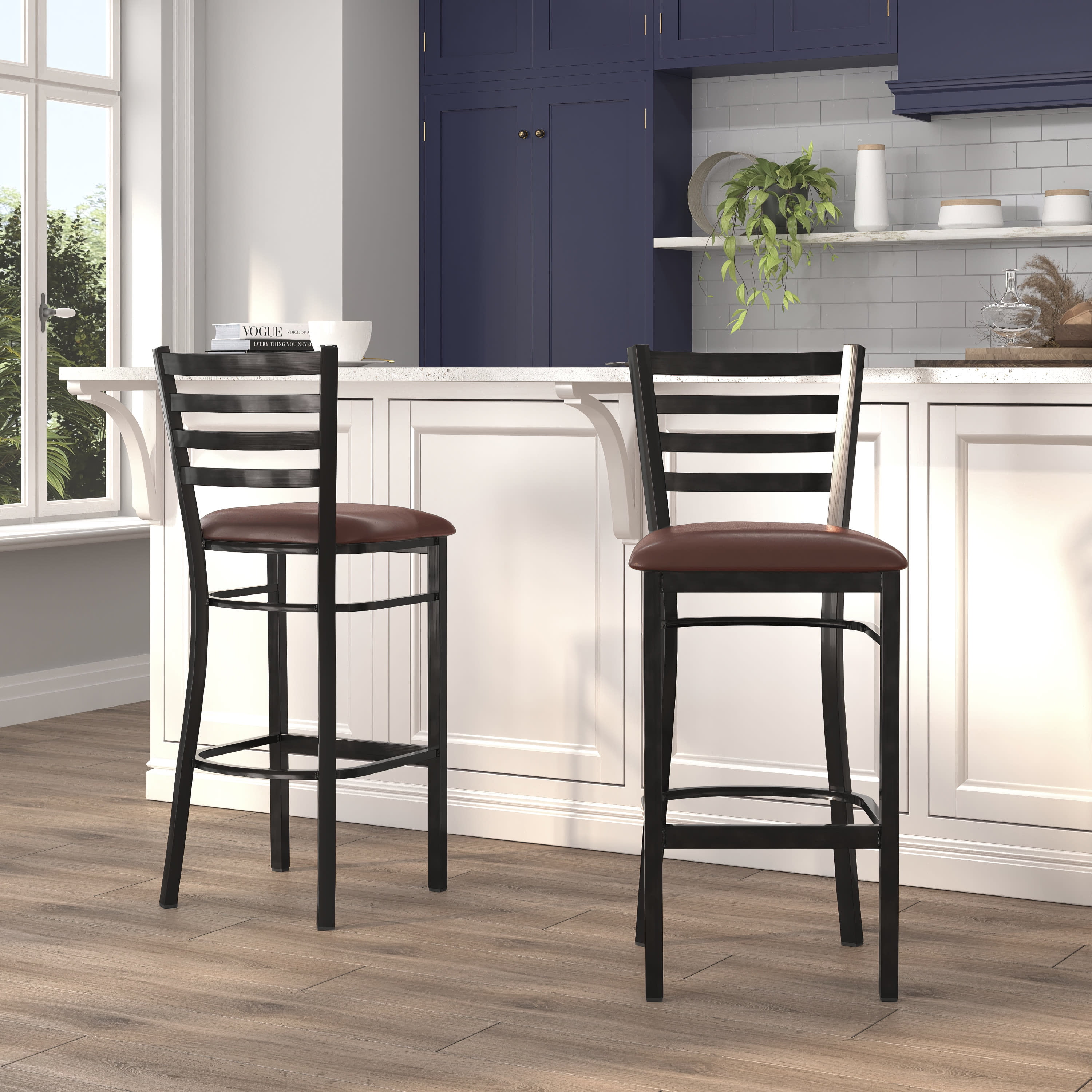 Red Metal and Wood Ladder Back Barstool with Vinyl Seat