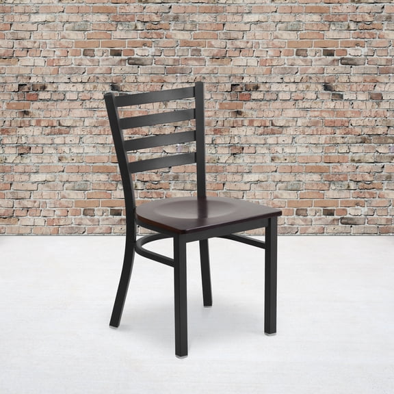 BizChair 2 Pack Black Ladder Back Metal Restaurant Chair - Walnut Wood Seat