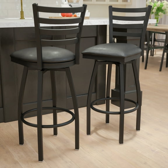 BizChair 2 Pack Black Ladder Back Swivel Metal Barstool - Black Vinyl Seat
