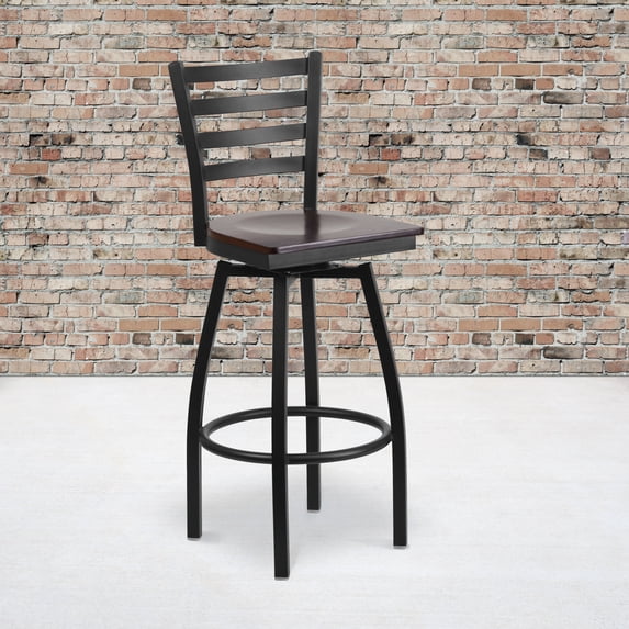 BizChair 2 Pack Black Ladder Back Swivel Metal Barstool - Walnut Wood Seat