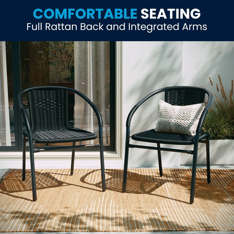 Bizchair 2 Pack Black Rattan Indoor Outdoor Restaurant Stack Chair