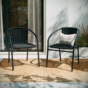 BizChair 2 Pack Black Rattan Indoor-Outdoor Restaurant Stack Chair