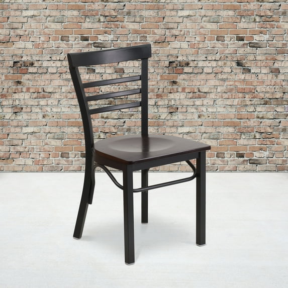 BizChair 2 Pack Black Three-Slat Ladder Back Metal Restaurant Chair - Walnut Wood Seat
