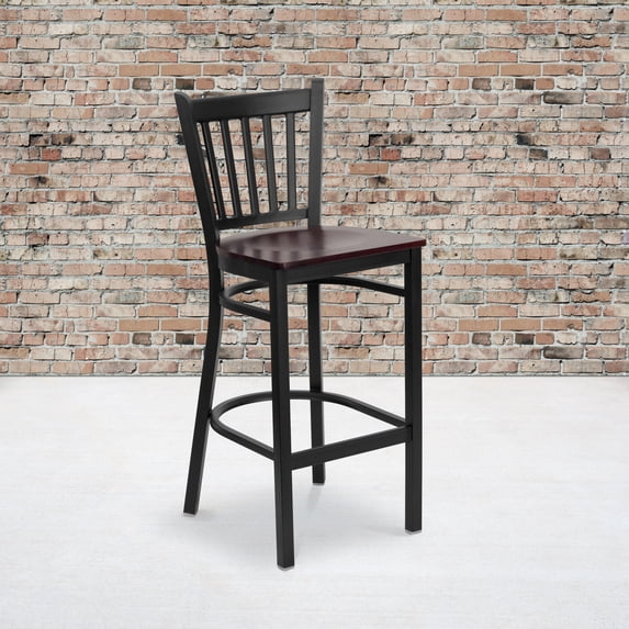 BizChair 2 Pack Black Vertical Back Metal Restaurant Barstool - Mahogany Wood Seat