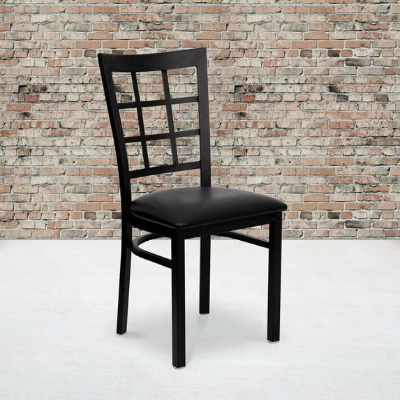 BizChair 2 Pack Black Window Back Metal Restaurant Chair - Black Vinyl Seat