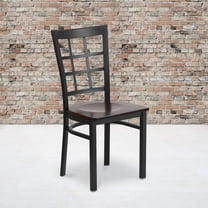 BizChair 2 Pack Black Window Back Metal Restaurant Chair - Walnut Wood Seat