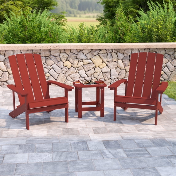 BizChair 2 Pack Commercial All-Weather Poly Resin Wood Adirondack Chairs with Side Table in Red