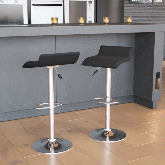 BizChair 2 Pack Contemporary Black Vinyl Adjustable Height Barstool with Solid Wave Seat and Chrome Base