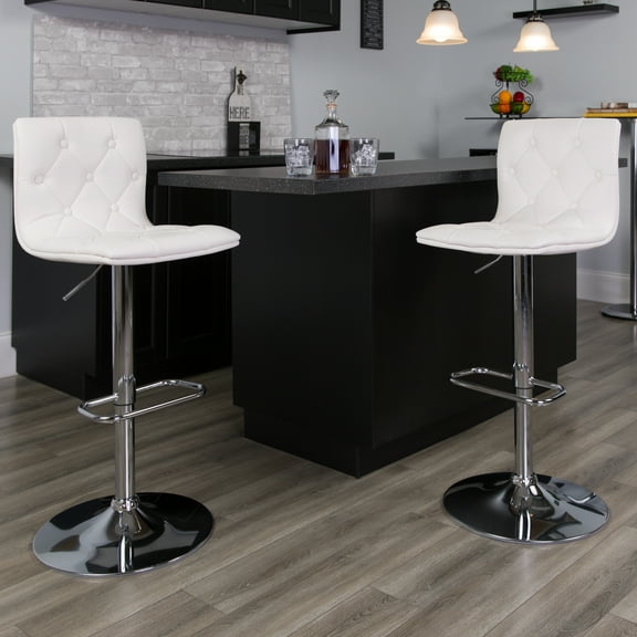 BizChair 2 Pack Contemporary Button Tufted White Vinyl Adjustable Height Barstool with Chrome Base
