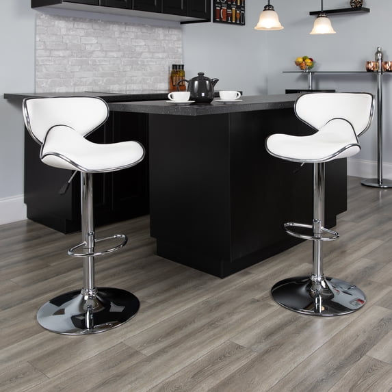 BizChair 2 Pack Contemporary Cozy Mid-Back White Vinyl Adjustable Height Barstool with Chrome Base