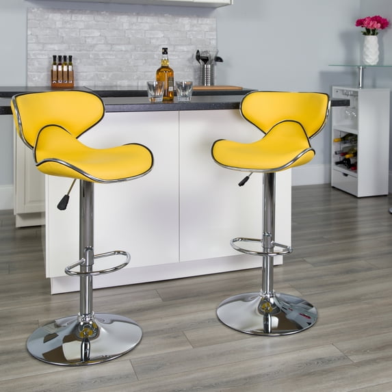BizChair 2 Pack Contemporary Cozy Mid-Back Yellow Vinyl Adjustable Height Barstool with Chrome Base