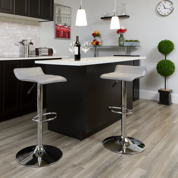 BizChair 2 Pack Contemporary Gray Vinyl Adjustable Height Barstool with Quilted Wave Seat and Chrome Base