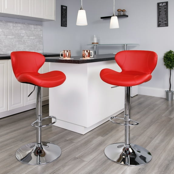 BizChair 2 Pack Contemporary Red Vinyl Adjustable Height Barstool with Curved Back and Chrome Base
