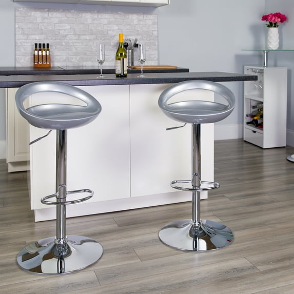 BizChair 2 Pack Contemporary Silver Plastic Adjustable Height Barstool with Rounded Cutout Back and Chrome Base