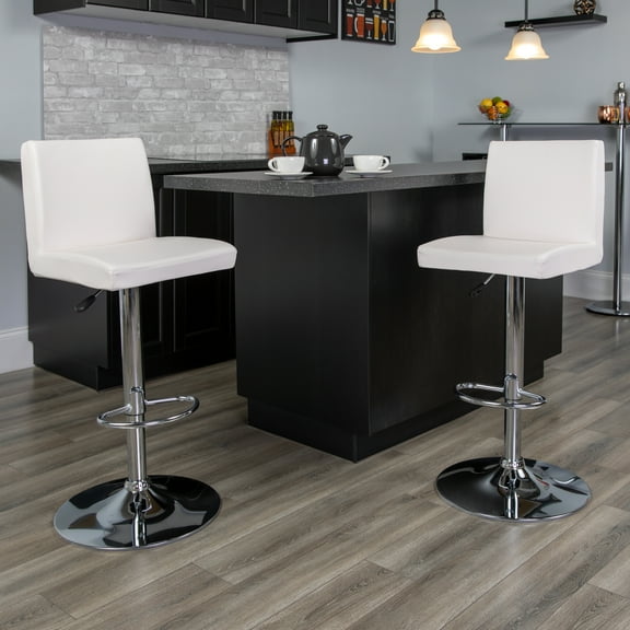 BizChair 2 Pack Contemporary White Vinyl Adjustable Height Barstool with Panel Back and Chrome Base