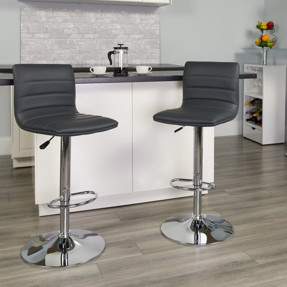 BizChair 2 Pack Modern Gray Vinyl Adjustable Bar Stool with Back, Counter Height Swivel Stool with Chrome Pedestal Base