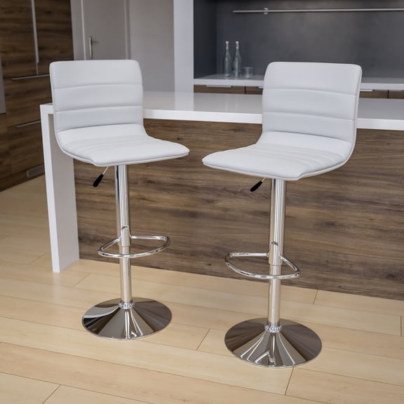 BizChair 2 Pack Modern White Vinyl Adjustable Bar Stool with Back, Counter Height Swivel Stool with Chrome Pedestal Base