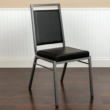 BizChair 2 Pack Square Back Stacking Banquet Chair in Black Vinyl with Silvervein Frame
