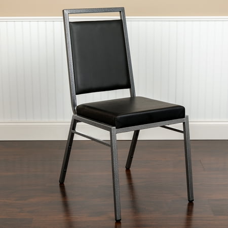 BizChair 2 Pack Square Back Stacking Banquet Chair in Black Vinyl with Silvervein Frame