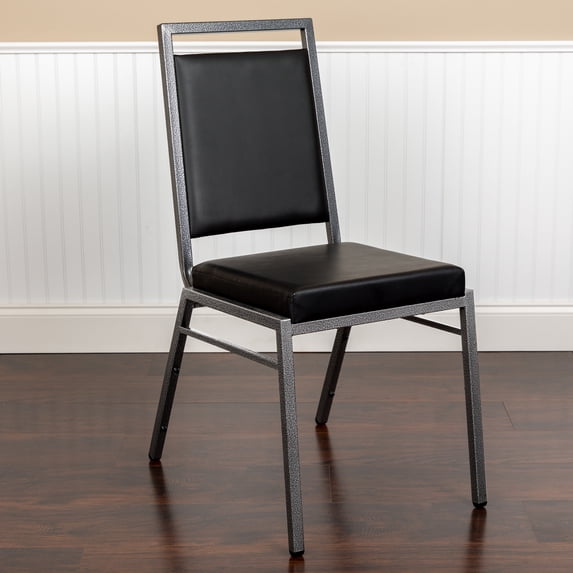BizChair 2 Pack Square Back Stacking Banquet Chair in Black Vinyl with Silvervein Frame