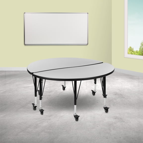 BizChair 2 Piece Mobile 47.5" Circle Wave Flexible Grey Thermal Laminate Kids Adjustable Activity Table Set