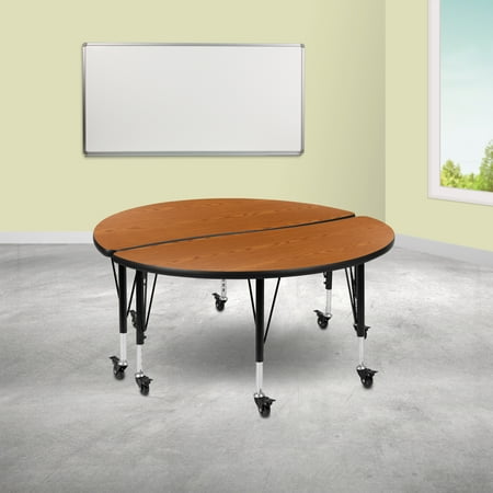 BizChair 2 Piece Mobile 47.5" Circle Wave Flexible Oak Thermal Laminate Kids Adjustable Activity Table Set