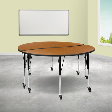 BizChair 2 Piece Mobile 60" Circle Wave Flexible Oak Thermal Laminate Adjustable Activity Table Set