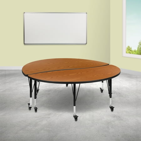 BizChair 2 Piece Mobile 60" Circle Wave Flexible Oak Thermal Laminate Kids Adjustable Activity Table Set