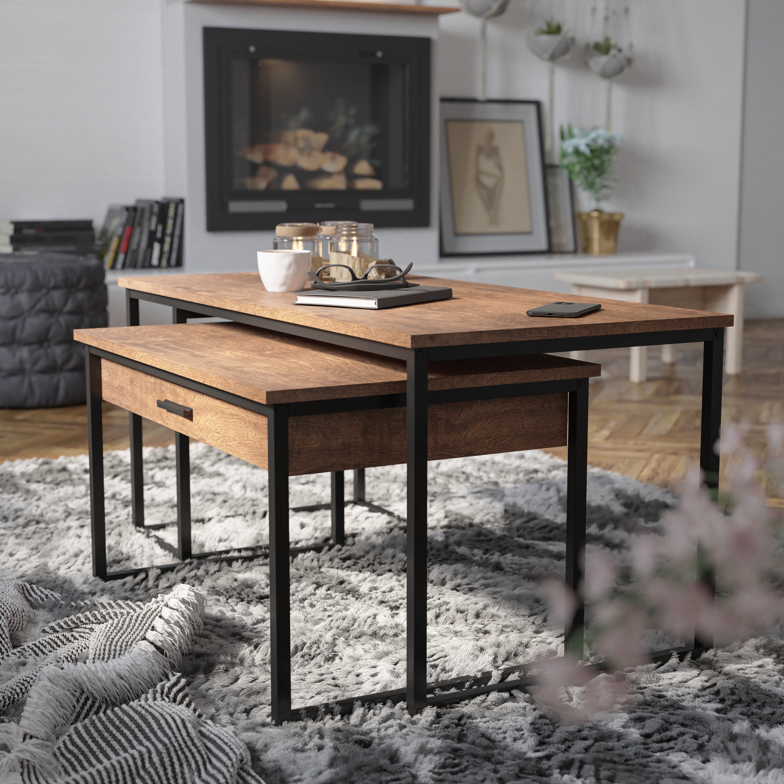BizChair 2 Piece Modern Nesting Coffee Table Set with Storage Drawer in ...