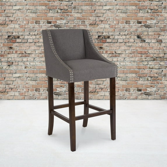 BizChair 2 Pk. 30" High Transitional Walnut Barstool with Accent Nail Trim in Dark Gray Fabric