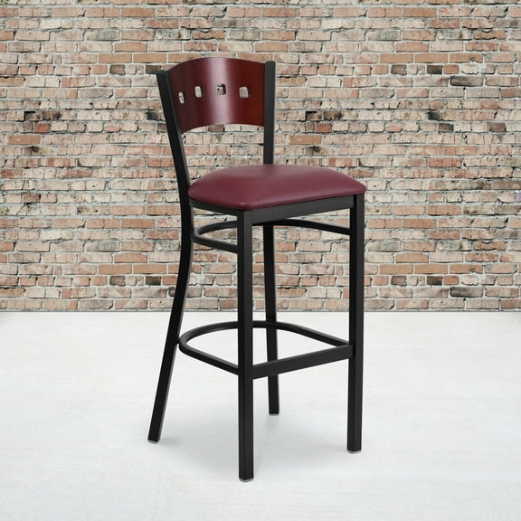 BizChair 2 Pk. Black 4 Square Back Metal Restaurant Barstool - Mahogany Wood Back, Burgundy Vinyl Seat