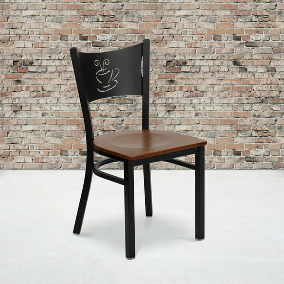 BizChair 2 Pk. Black Coffee Back Metal Restaurant Chair - Cherry Wood Seat