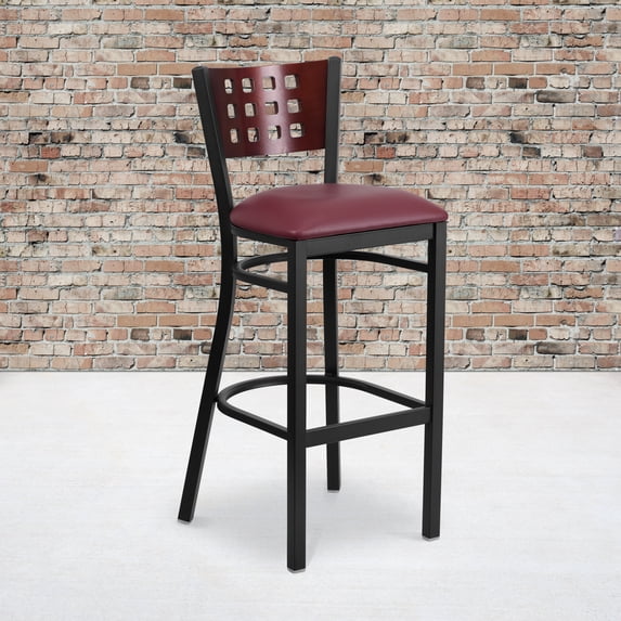 BizChair 2 Pk. Black Cutout Back Metal Restaurant Barstool - Mahogany Wood Back, Burgundy Vinyl Seat