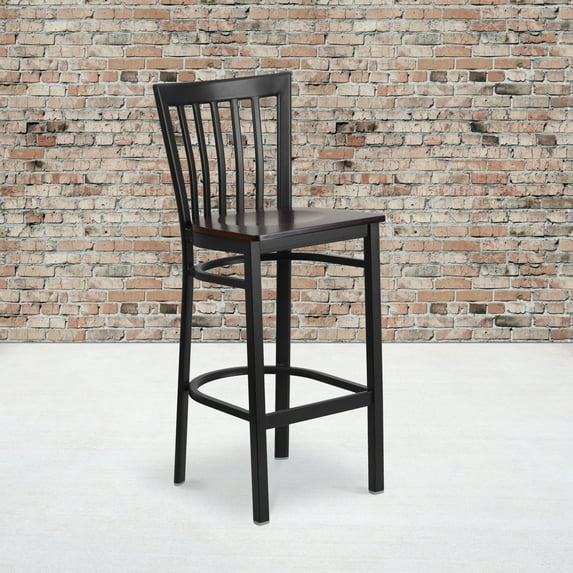 BizChair 2 Pk. Black School House Back Metal Restaurant Barstool - Walnut Wood Seat