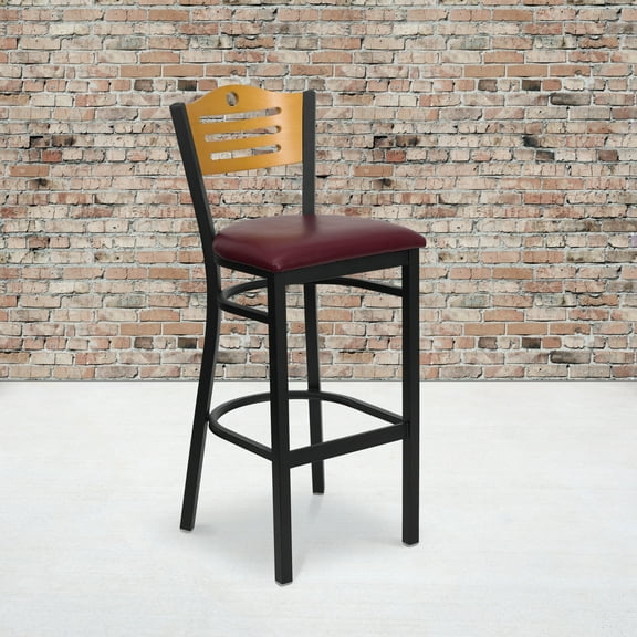BizChair 2 Pk. Black Slat Back Metal Restaurant Barstool - Natural Wood Back, Burgundy Vinyl Seat