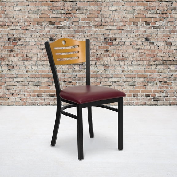 BizChair 2 Pk. Black Slat Back Metal Restaurant Chair - Natural Wood Back, Burgundy Vinyl Seat
