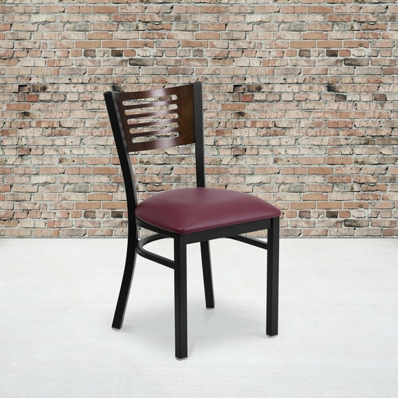 BizChair 2 Pk. Black Slat Back Metal Restaurant Chair - Walnut Wood Back, Burgundy Vinyl Seat