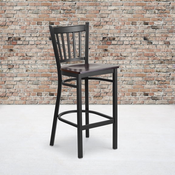 BizChair 2 Pk. Black Vertical Back Metal Restaurant Barstool - Walnut Wood Seat