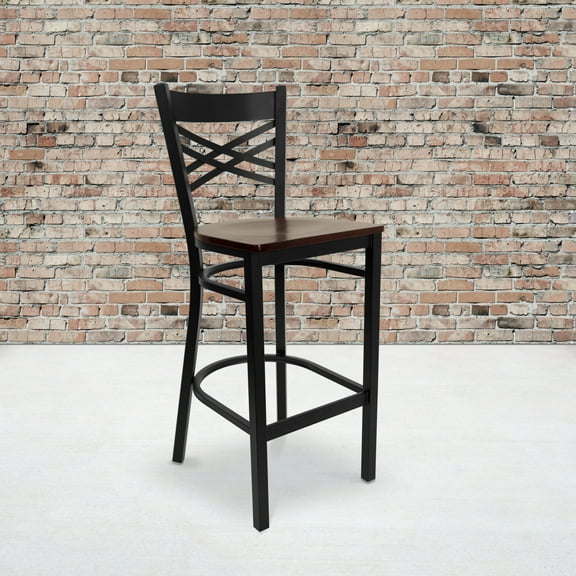 BizChair 2 Pk. Black ''X'' Back Metal Restaurant Barstool - Mahogany Wood Seat