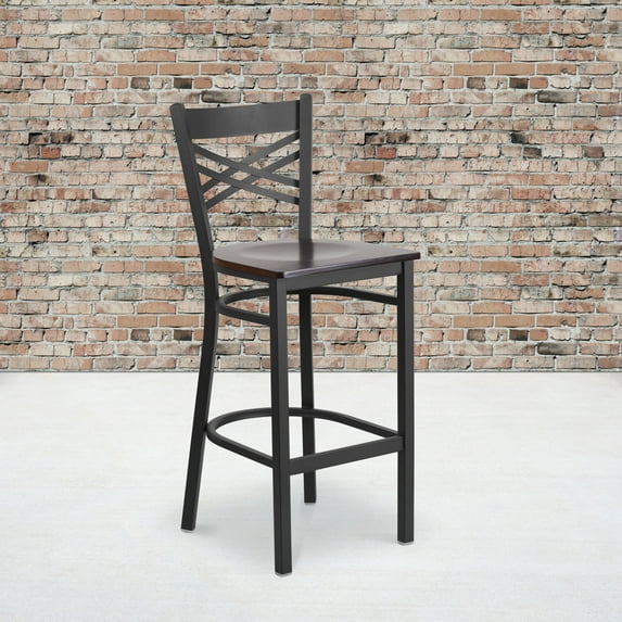 BizChair 2 Pk. Black ''X'' Back Metal Restaurant Barstool - Walnut Wood Seat