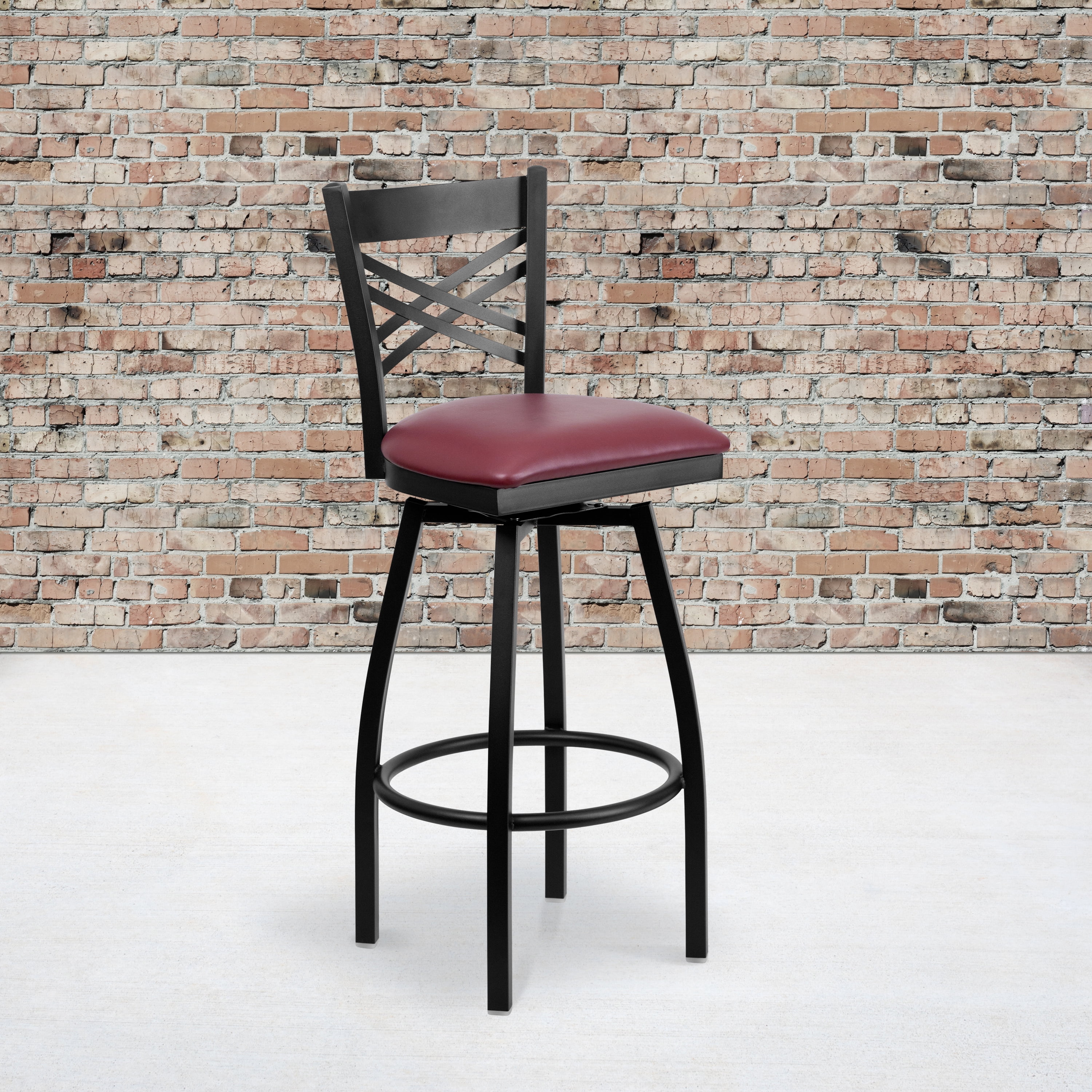 Burgundy Vinyl Swivel Bar Stool with Black Metal Frame