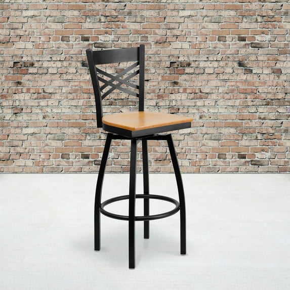 BizChair 2 Pk. Black ''X'' Back Swivel Metal Barstool - Natural Wood Seat