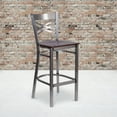 thumbnail image 1 of BizChair 2 Pk. Silver Antique Finish with Clear Coat ''X'' Back Metal Restaurant Barstool - Walnut Wood Seat, 1 of 8