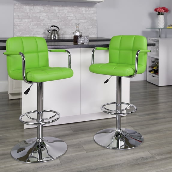 BizChair 2 Pk. Contemporary Green Quilted Vinyl Adjustable Height Barstool with Arms and Chrome Base