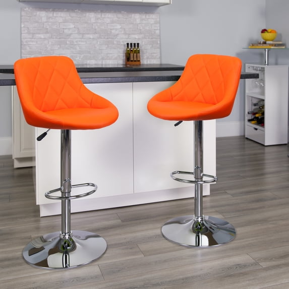 BizChair 2 Pk. Contemporary Orange Vinyl Bucket Seat Adjustable Height Barstool with Diamond Pattern Back and Chrome Base