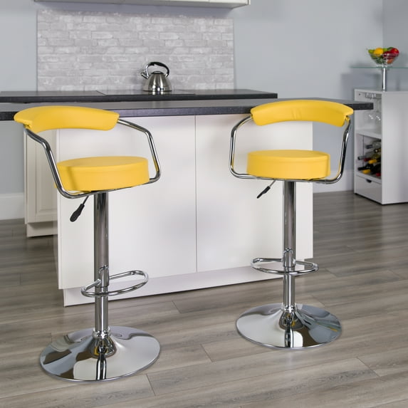 BizChair 2 Pk. Contemporary Yellow Vinyl Adjustable Height Barstool with Arms and Chrome Base