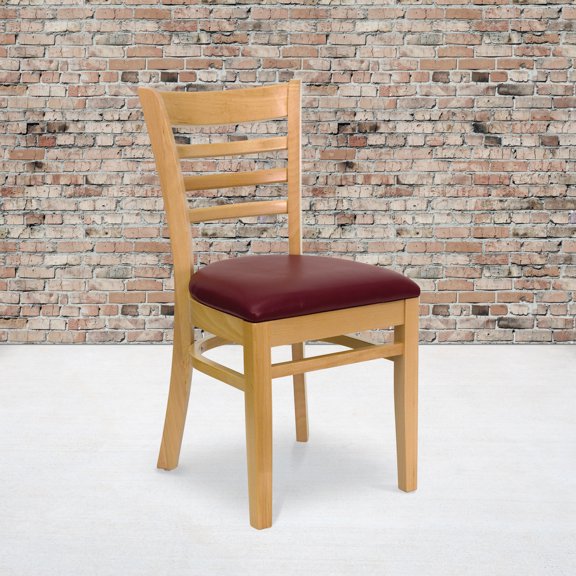 BizChair 2 Pk. Ladder Back Natural Wood Restaurant Chair - Burgundy Vinyl Seat