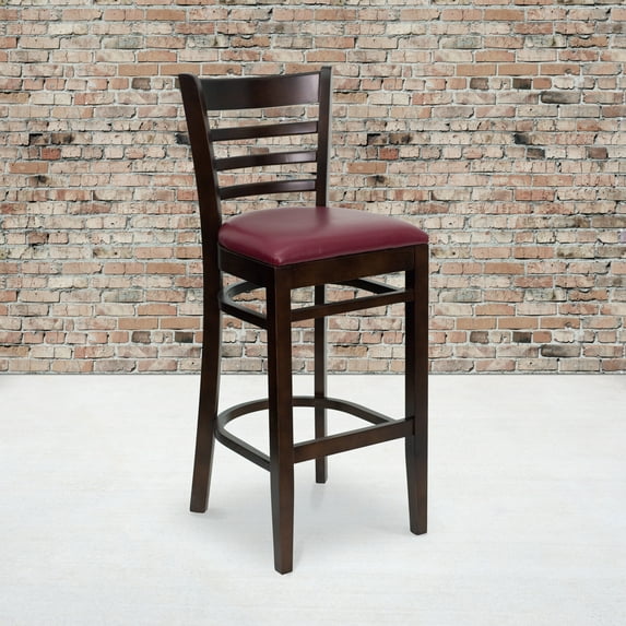 BizChair 2 Pk. Ladder Back Walnut Wood Restaurant Barstool - Burgundy Vinyl Seat