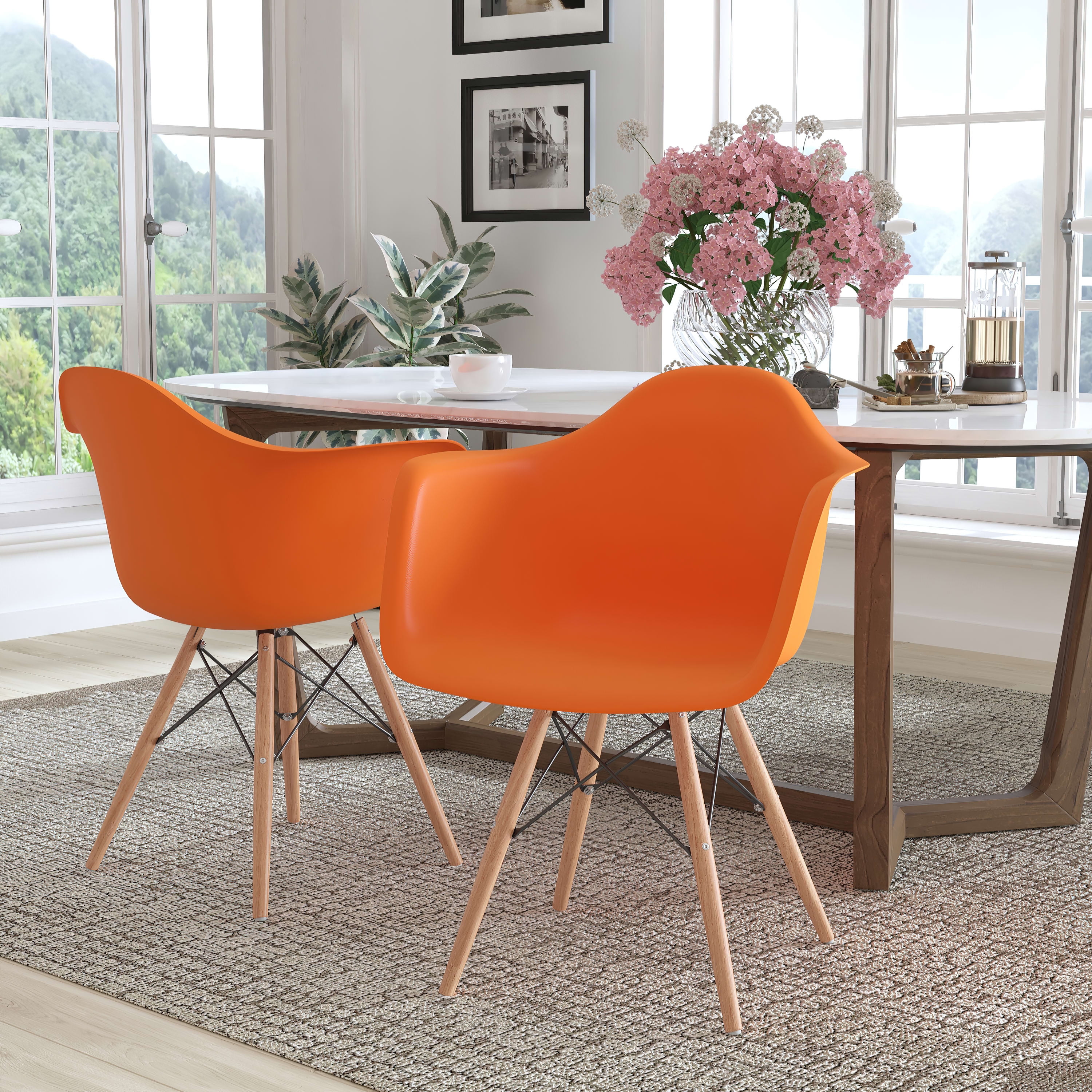 BizChair 2 Pk. Orange Plastic Chair with Arms and Wooden Legs