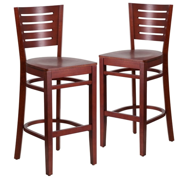BizChair 2 Pk. Slat Back Mahogany Wood Restaurant Barstool